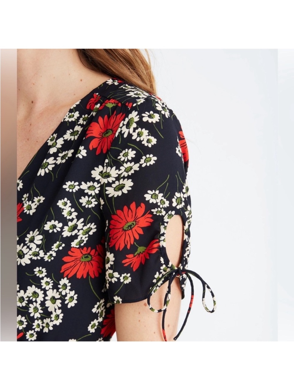 Madewell Black Midi Wrap Dress with Red and Cream Floral Print - Picture 4 of 7